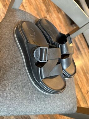 Chaco Black Buckle Crossover Slide Sandals